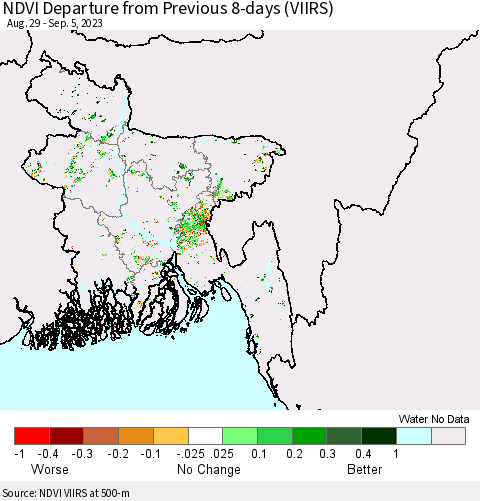 Bangladesh NDVI Departure from Previous 8-days (VIIRS) Thematic Map For 8/29/2023 - 9/5/2023