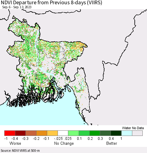 Bangladesh NDVI Departure from Previous 8-days (VIIRS) Thematic Map For 9/6/2023 - 9/13/2023