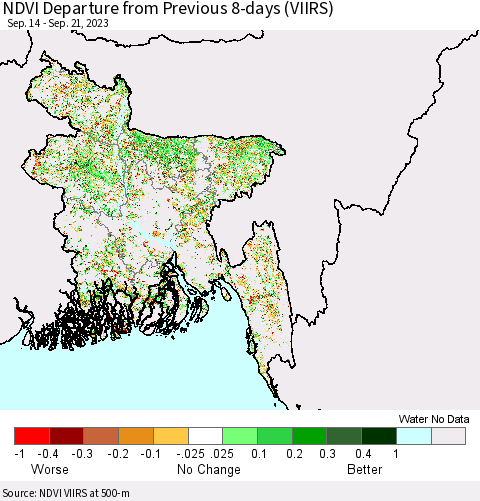 Bangladesh NDVI Departure from Previous 8-days (VIIRS) Thematic Map For 9/14/2023 - 9/21/2023
