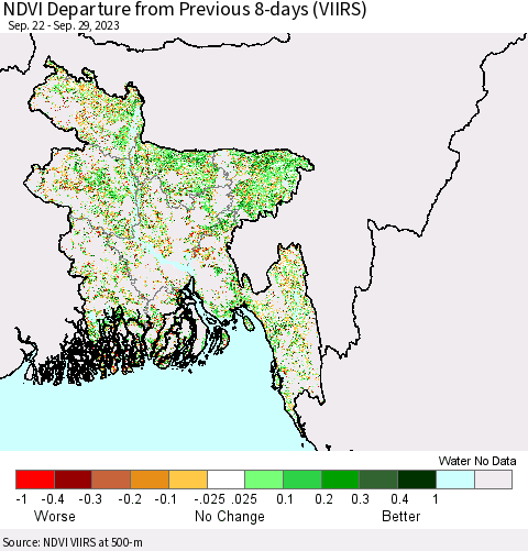 Bangladesh NDVI Departure from Previous 8-days (VIIRS) Thematic Map For 9/22/2023 - 9/29/2023