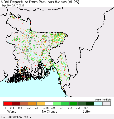 Bangladesh NDVI Departure from Previous 8-days (VIIRS) Thematic Map For 9/30/2023 - 10/7/2023