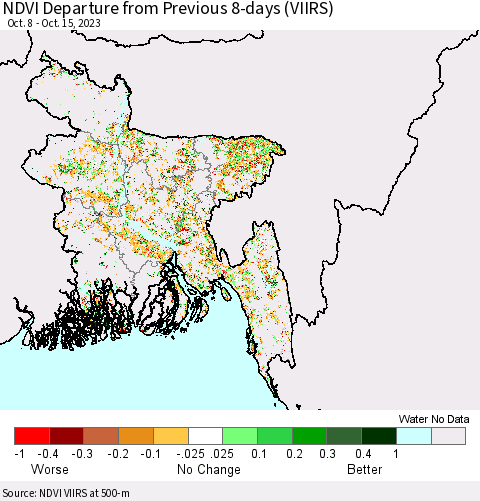 Bangladesh NDVI Departure from Previous 8-days (VIIRS) Thematic Map For 10/8/2023 - 10/15/2023