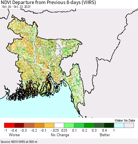 Bangladesh NDVI Departure from Previous 8-days (VIIRS) Thematic Map For 10/16/2023 - 10/23/2023