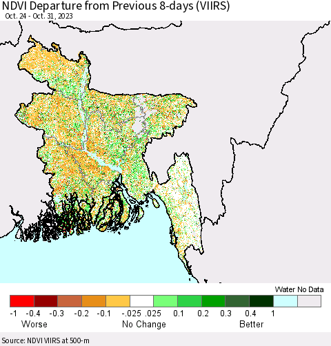 Bangladesh NDVI Departure from Previous 8-days (VIIRS) Thematic Map For 10/24/2023 - 10/31/2023