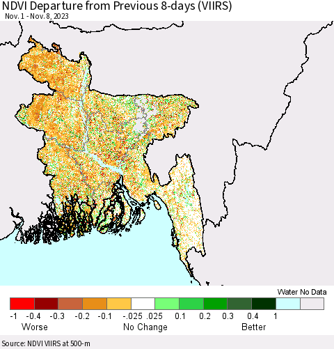 Bangladesh NDVI Departure from Previous 8-days (VIIRS) Thematic Map For 11/1/2023 - 11/8/2023