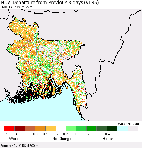 Bangladesh NDVI Departure from Previous 8-days (VIIRS) Thematic Map For 11/17/2023 - 11/24/2023