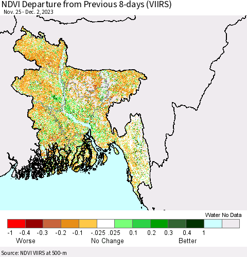 Bangladesh NDVI Departure from Previous 8-days (VIIRS) Thematic Map For 11/25/2023 - 12/2/2023