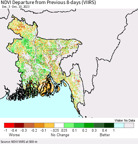 Bangladesh NDVI Departure from Previous 8-days (VIIRS) Thematic Map For 12/3/2023 - 12/10/2023