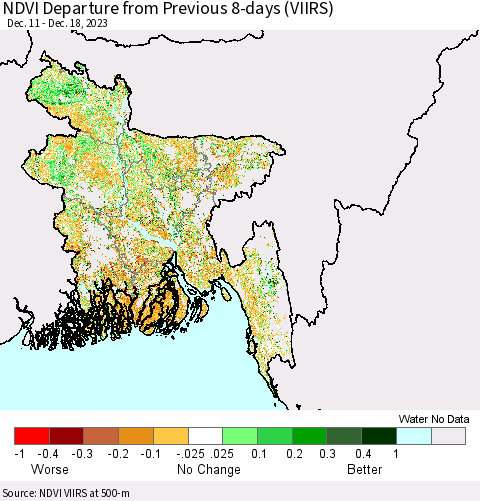 Bangladesh NDVI Departure from Previous 8-days (VIIRS) Thematic Map For 12/11/2023 - 12/18/2023