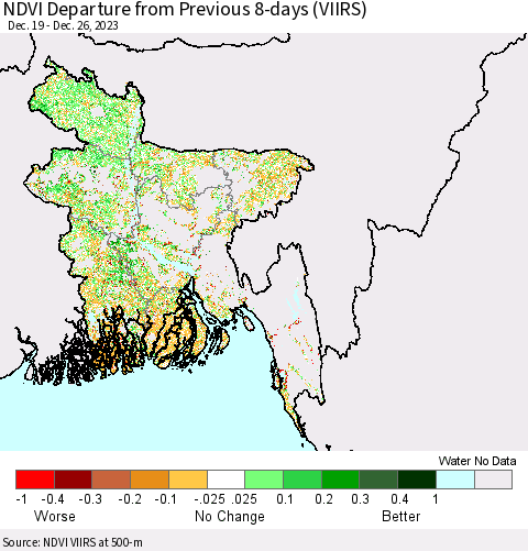 Bangladesh NDVI Departure from Previous 8-days (VIIRS) Thematic Map For 12/19/2023 - 12/26/2023