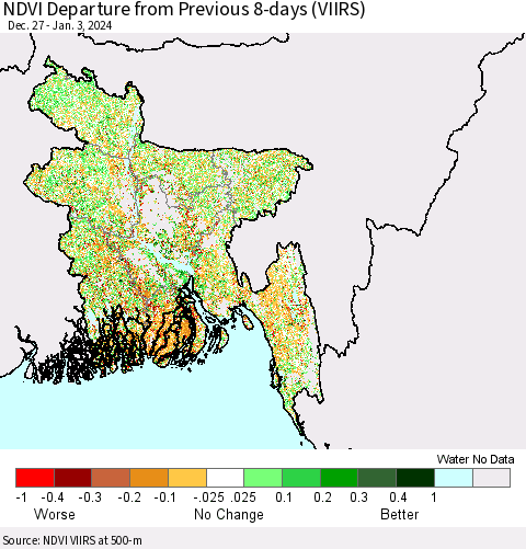 Bangladesh NDVI Departure from Previous 8-days (VIIRS) Thematic Map For 12/27/2023 - 1/3/2024