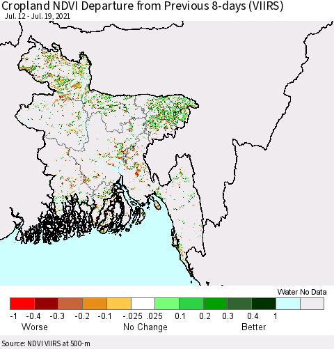 Bangladesh Cropland NDVI Departure from Previous 8-days (VIIRS) Thematic Map For 7/12/2021 - 7/19/2021
