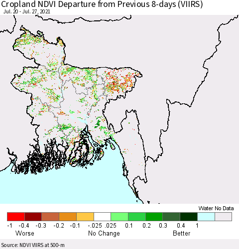 Bangladesh Cropland NDVI Departure from Previous 8-days (VIIRS) Thematic Map For 7/20/2021 - 7/27/2021