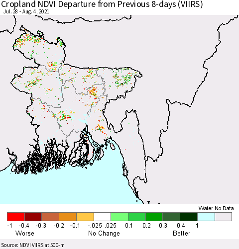 Bangladesh Cropland NDVI Departure from Previous 8-days (VIIRS) Thematic Map For 7/28/2021 - 8/4/2021