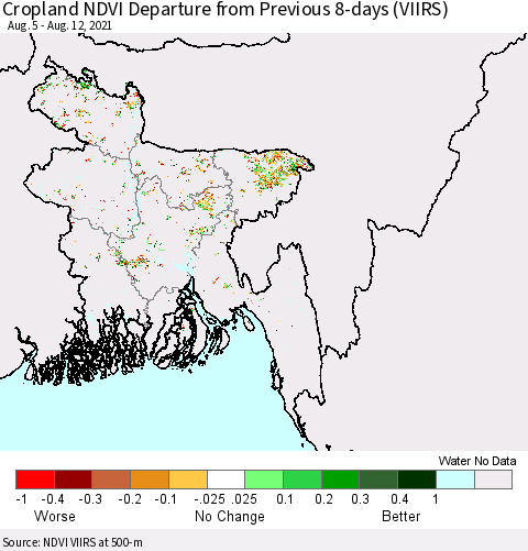 Bangladesh Cropland NDVI Departure from Previous 8-days (VIIRS) Thematic Map For 8/5/2021 - 8/12/2021