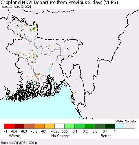 Bangladesh Cropland NDVI Departure from Previous 8-days (VIIRS) Thematic Map For 8/13/2021 - 8/20/2021