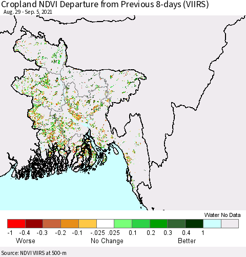 Bangladesh Cropland NDVI Departure from Previous 8-days (VIIRS) Thematic Map For 8/29/2021 - 9/5/2021
