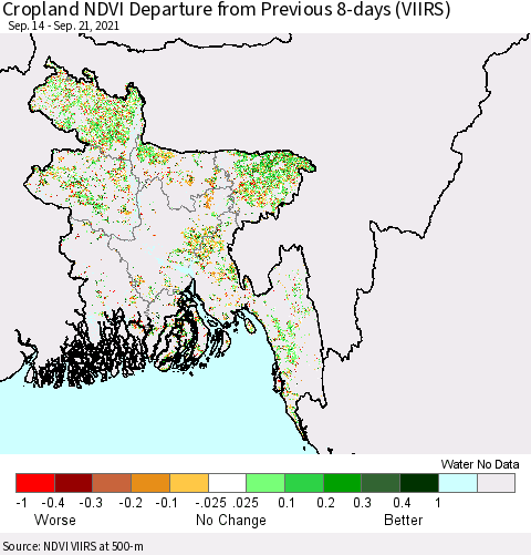 Bangladesh Cropland NDVI Departure from Previous 8-days (VIIRS) Thematic Map For 9/14/2021 - 9/21/2021