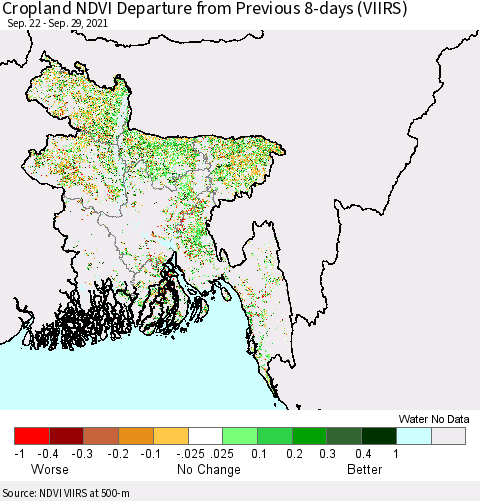 Bangladesh Cropland NDVI Departure from Previous 8-days (VIIRS) Thematic Map For 9/22/2021 - 9/29/2021