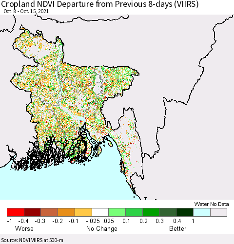 Bangladesh Cropland NDVI Departure from Previous 8-days (VIIRS) Thematic Map For 10/8/2021 - 10/15/2021
