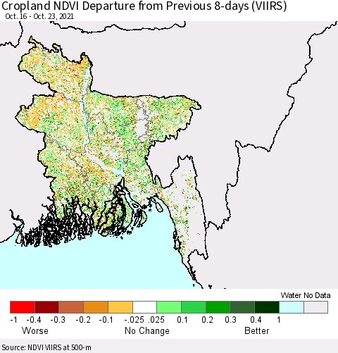 Bangladesh Cropland NDVI Departure from Previous 8-days (VIIRS) Thematic Map For 10/16/2021 - 10/23/2021