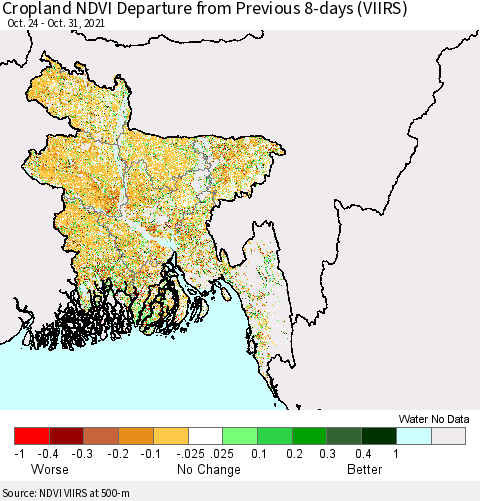 Bangladesh Cropland NDVI Departure from Previous 8-days (VIIRS) Thematic Map For 10/24/2021 - 10/31/2021