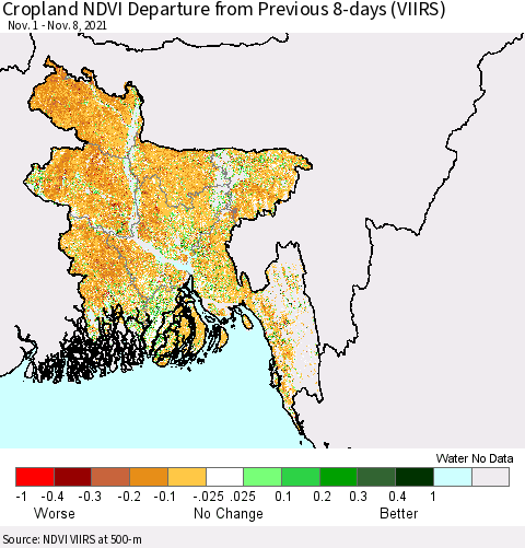 Bangladesh Cropland NDVI Departure from Previous 8-days (VIIRS) Thematic Map For 11/1/2021 - 11/8/2021