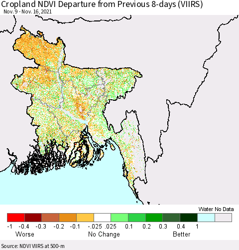 Bangladesh Cropland NDVI Departure from Previous 8-days (VIIRS) Thematic Map For 11/9/2021 - 11/16/2021