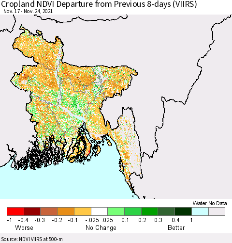Bangladesh Cropland NDVI Departure from Previous 8-days (VIIRS) Thematic Map For 11/17/2021 - 11/24/2021
