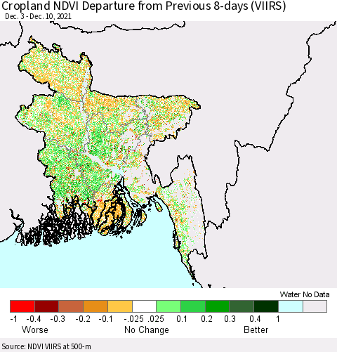 Bangladesh Cropland NDVI Departure from Previous 8-days (VIIRS) Thematic Map For 12/3/2021 - 12/10/2021
