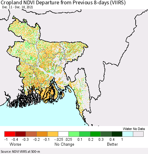 Bangladesh Cropland NDVI Departure from Previous 8-days (VIIRS) Thematic Map For 12/11/2021 - 12/18/2021
