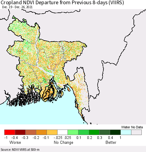 Bangladesh Cropland NDVI Departure from Previous 8-days (VIIRS) Thematic Map For 12/19/2021 - 12/26/2021