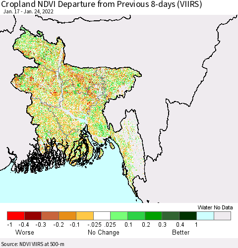 Bangladesh Cropland NDVI Departure from Previous 8-days (VIIRS) Thematic Map For 1/17/2022 - 1/24/2022