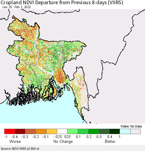 Bangladesh Cropland NDVI Departure from Previous 8-days (VIIRS) Thematic Map For 1/25/2022 - 2/1/2022