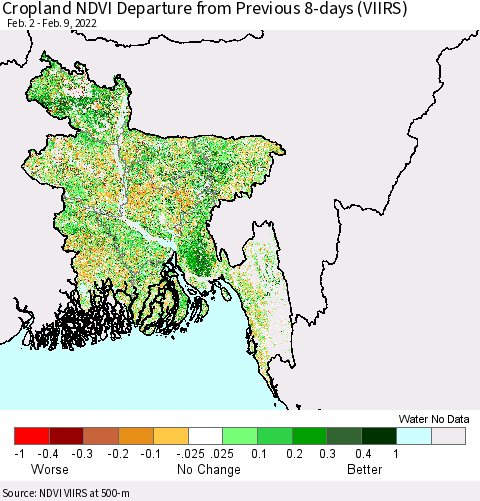 Bangladesh Cropland NDVI Departure from Previous 8-days (VIIRS) Thematic Map For 2/2/2022 - 2/9/2022