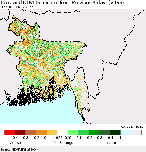 Bangladesh Cropland NDVI Departure from Previous 8-days (VIIRS) Thematic Map For 2/10/2022 - 2/17/2022