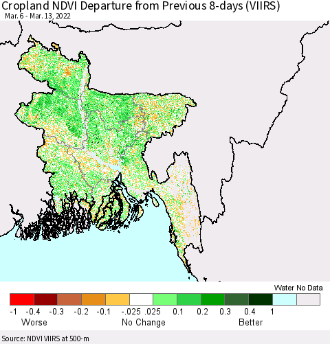 Bangladesh Cropland NDVI Departure from Previous 8-days (VIIRS) Thematic Map For 3/6/2022 - 3/13/2022