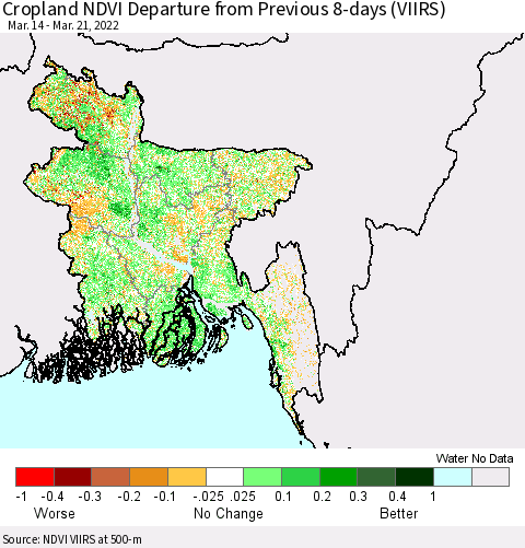 Bangladesh Cropland NDVI Departure from Previous 8-days (VIIRS) Thematic Map For 3/14/2022 - 3/21/2022