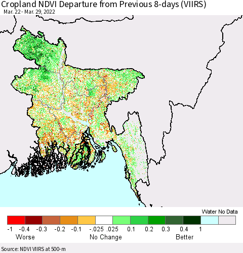 Bangladesh Cropland NDVI Departure from Previous 8-days (VIIRS) Thematic Map For 3/22/2022 - 3/29/2022