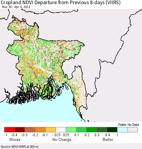 Bangladesh Cropland NDVI Departure from Previous 8-days (VIIRS) Thematic Map For 3/30/2022 - 4/6/2022