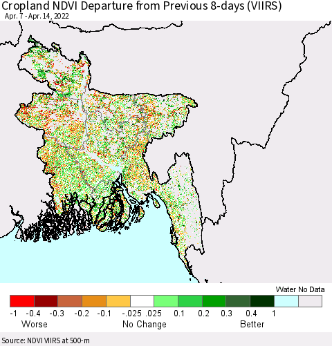 Bangladesh Cropland NDVI Departure from Previous 8-days (VIIRS) Thematic Map For 4/7/2022 - 4/14/2022