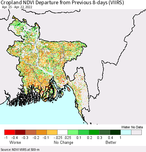 Bangladesh Cropland NDVI Departure from Previous 8-days (VIIRS) Thematic Map For 4/15/2022 - 4/22/2022
