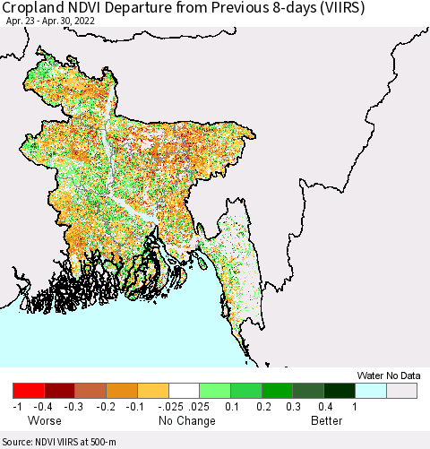 Bangladesh Cropland NDVI Departure from Previous 8-days (VIIRS) Thematic Map For 4/23/2022 - 4/30/2022