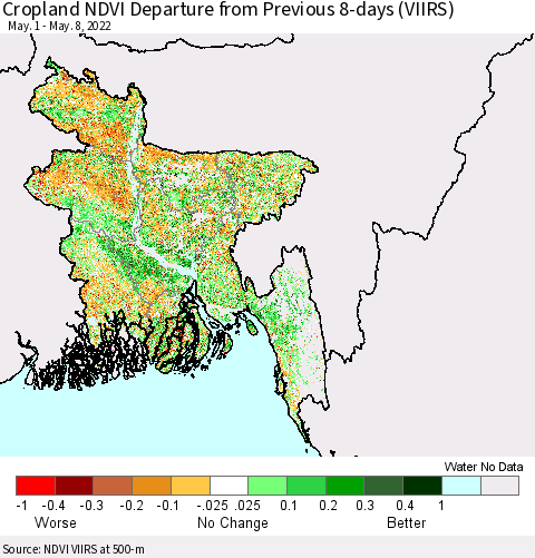 Bangladesh Cropland NDVI Departure from Previous 8-days (VIIRS) Thematic Map For 5/1/2022 - 5/8/2022