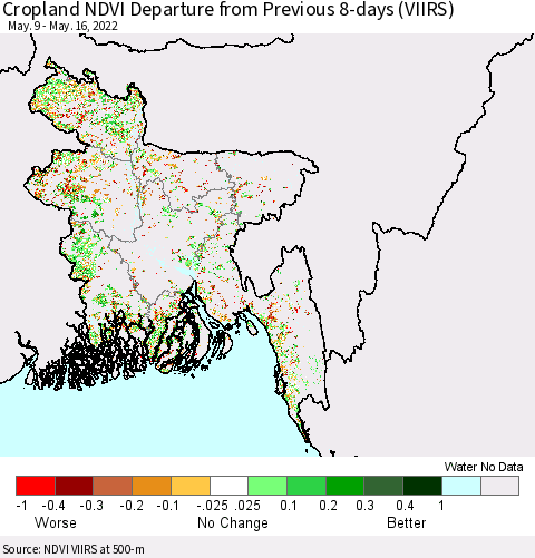 Bangladesh Cropland NDVI Departure from Previous 8-days (VIIRS) Thematic Map For 5/9/2022 - 5/16/2022