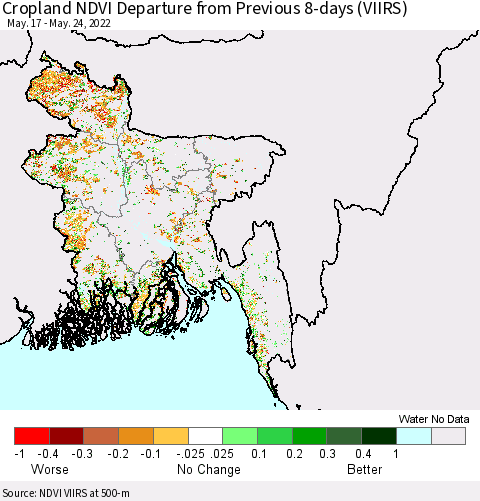 Bangladesh Cropland NDVI Departure from Previous 8-days (VIIRS) Thematic Map For 5/17/2022 - 5/24/2022