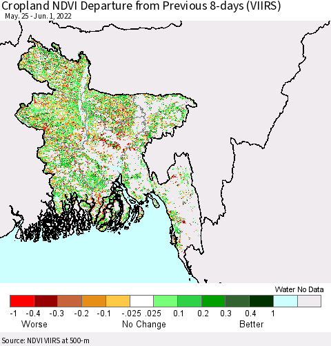 Bangladesh Cropland NDVI Departure from Previous 8-days (VIIRS) Thematic Map For 5/25/2022 - 6/1/2022