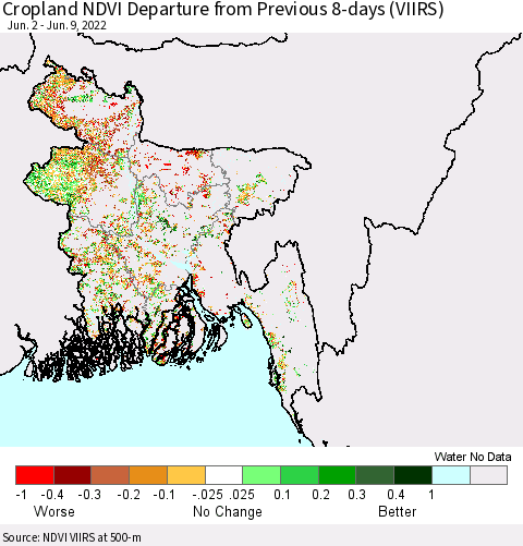 Bangladesh Cropland NDVI Departure from Previous 8-days (VIIRS) Thematic Map For 6/2/2022 - 6/9/2022