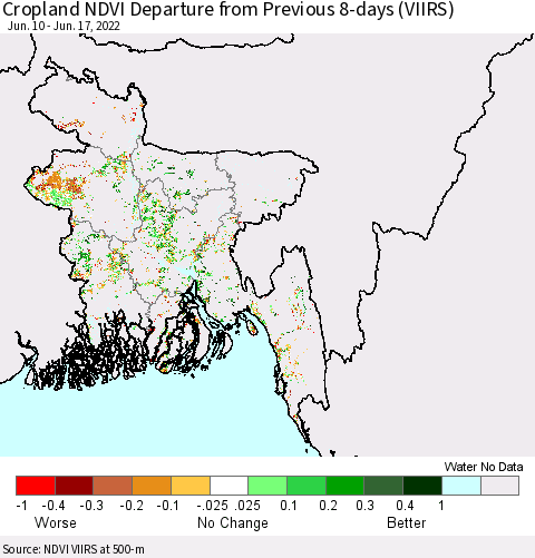 Bangladesh Cropland NDVI Departure from Previous 8-days (VIIRS) Thematic Map For 6/10/2022 - 6/17/2022