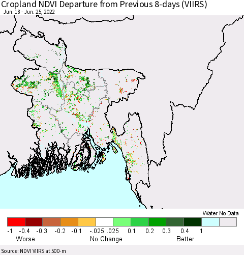 Bangladesh Cropland NDVI Departure from Previous 8-days (VIIRS) Thematic Map For 6/18/2022 - 6/25/2022
